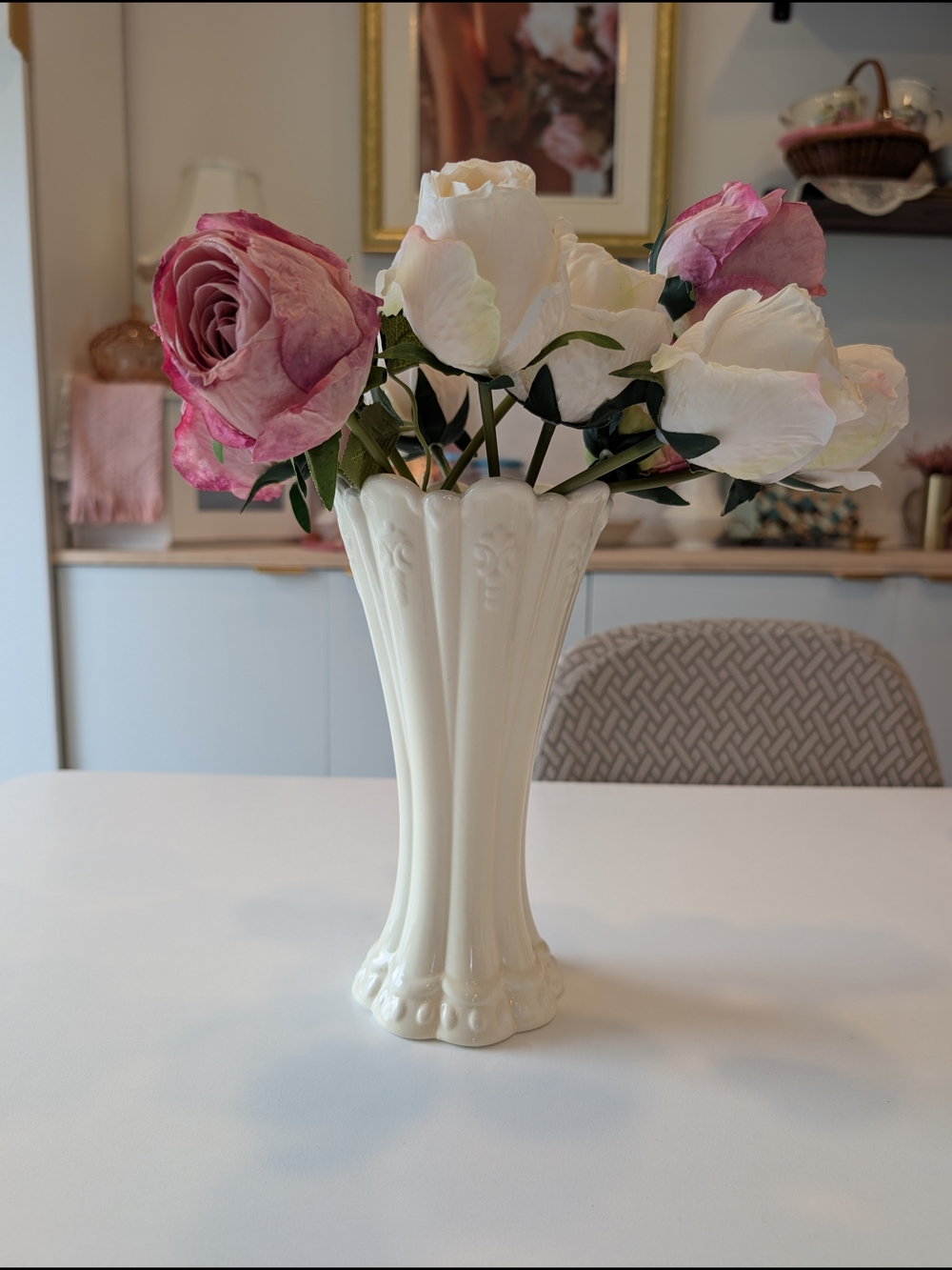 Vintage Ivory Ceramic Vase | Scalloped Floral Embossed Design